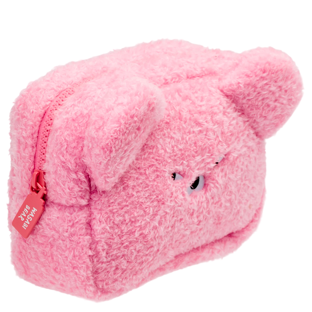 GraceGift Wasabi Bear聯名 粉芥末熊 格紋絨毛化妝包 粉紅色 實拍圖