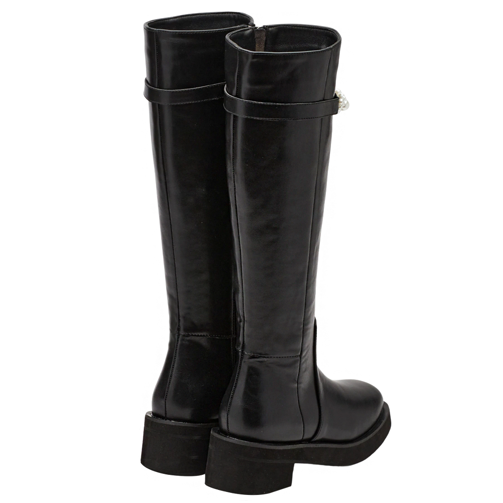 奕潔聯名-法式珠寶盒方頭2WAY珍珠顯瘦長靴 黑