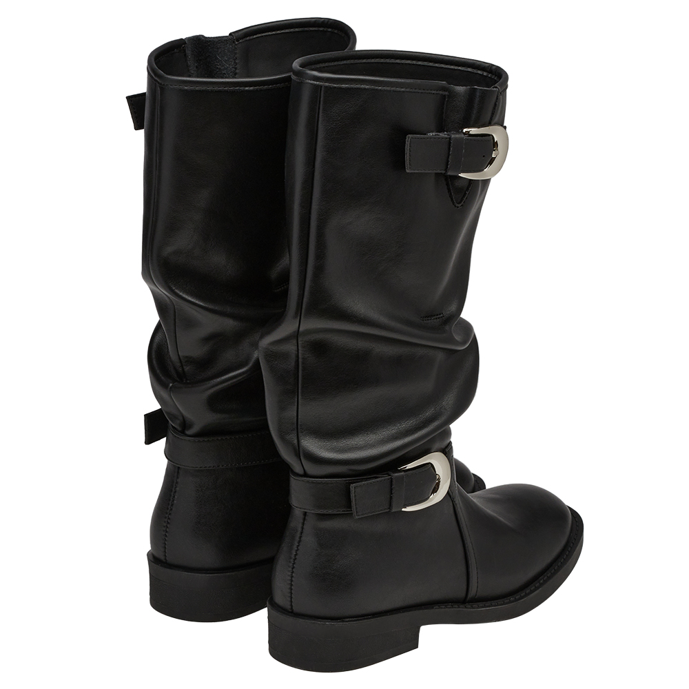 慵懶隨性皮革雙層皮帶扣堆堆長靴 黑