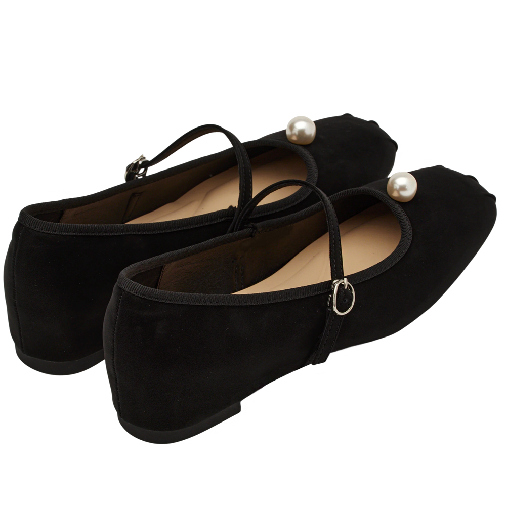 GraceGift平價女鞋 簡約珍珠 方頭撞色 內增高 瑪莉珍鞋 黑色