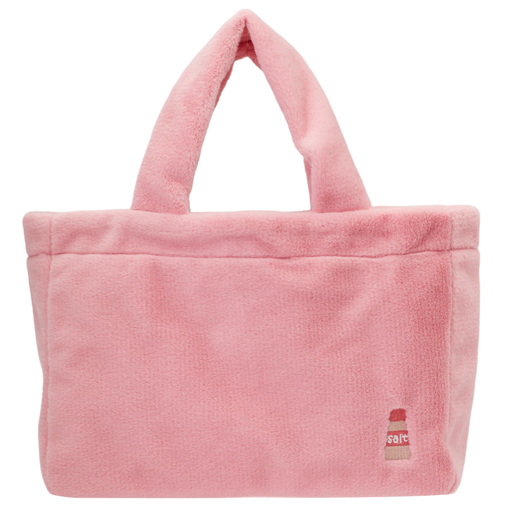 Grace Gift 平價女鞋 Wasabi Bear 聯名 粉芥末熊 格紋絨毛電繡 托特包 粉紅色 實拍圖