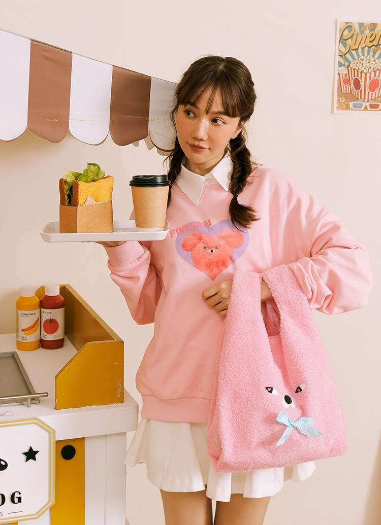 Grace Gift Wasabi Bear 聯名 粉芥末熊 絨毛蝴蝶結手提袋 粉紅色 可愛提袋 實拍圖