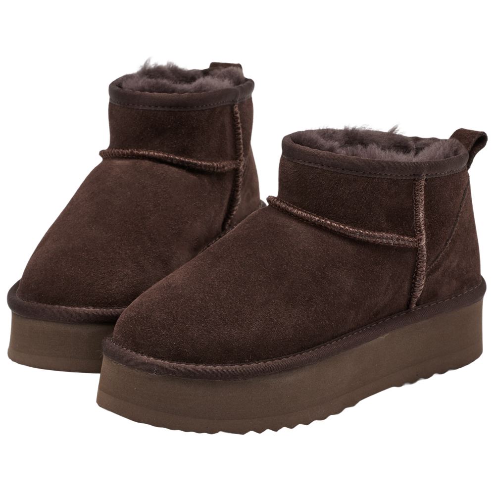 經典百搭牛麂皮羊毛短筒厚底雪靴 咖
