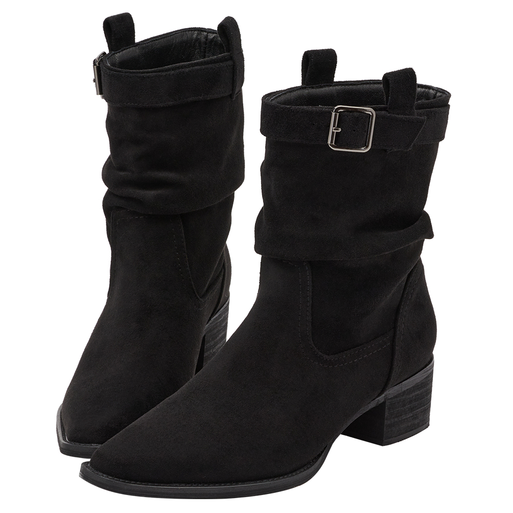 悅悅聯名-都會格調尖頭絨布2way堆堆低跟西部靴 黑絨布