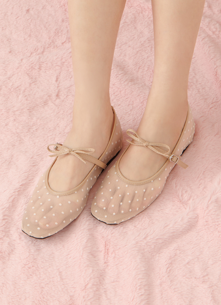 GraceGift平價女鞋 日系水玉 蝴蝶結網紗 內增高瑪莉珍鞋 卡其色