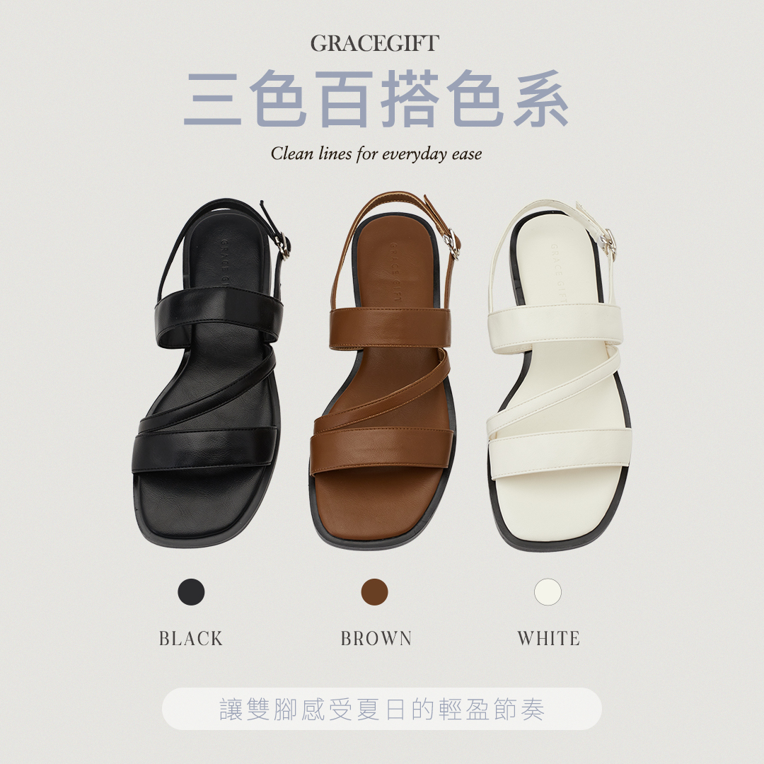 韓系簡約方頭寬帶平底涼鞋黑，質感合成皮革搭配舒適內裡，春夏輕盈好穿搭