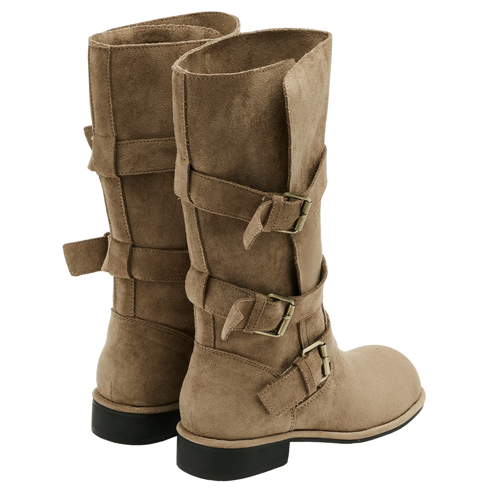 韓系街拍絨布2WAY皮帶釦騎士靴 卡其