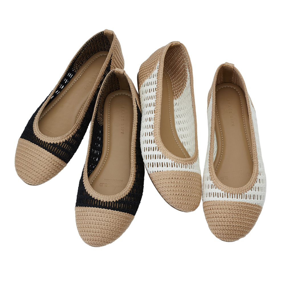 GraceGift 平價女鞋 時尚秀場 圓頭 法式輕透編織拼色平底娃娃鞋 米白色