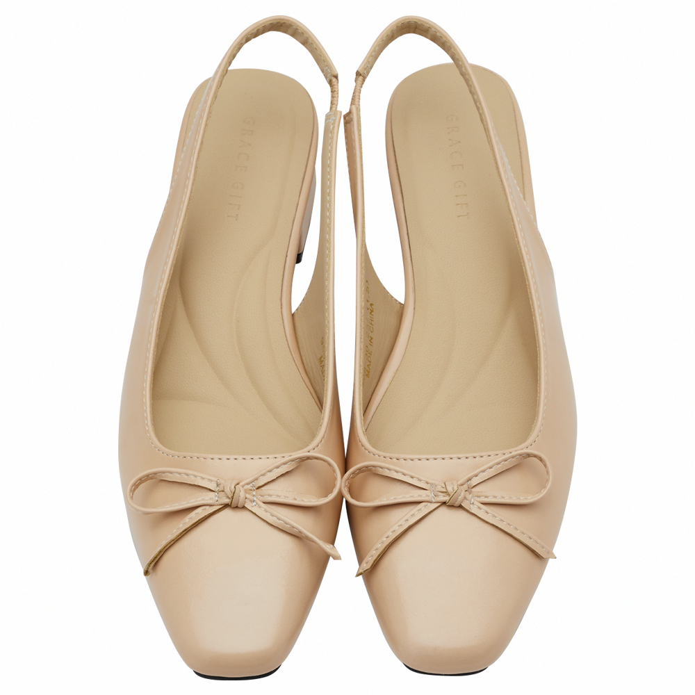 GraceGift平價女鞋 時尚秀場 方頭 韓系清新蝴蝶結後空跟鞋 粉紅色