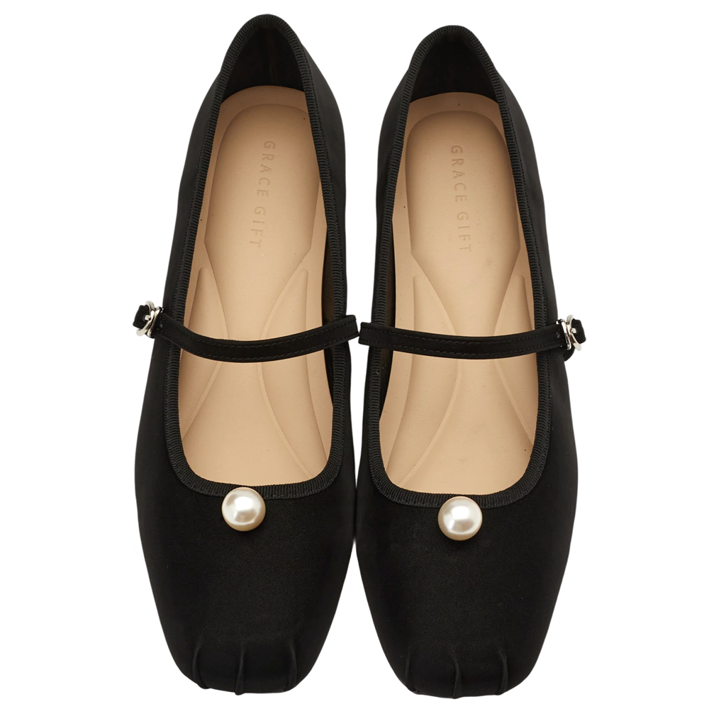 GraceGift平價女鞋 簡約珍珠 方頭撞色 內增高 瑪莉珍鞋 黑色