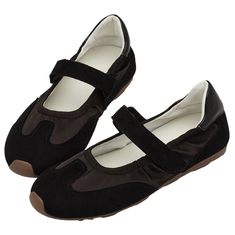 GraceGift平價女鞋 輕盈芭蕾 緞面拚接 芭蕾舞運動鞋 黑色