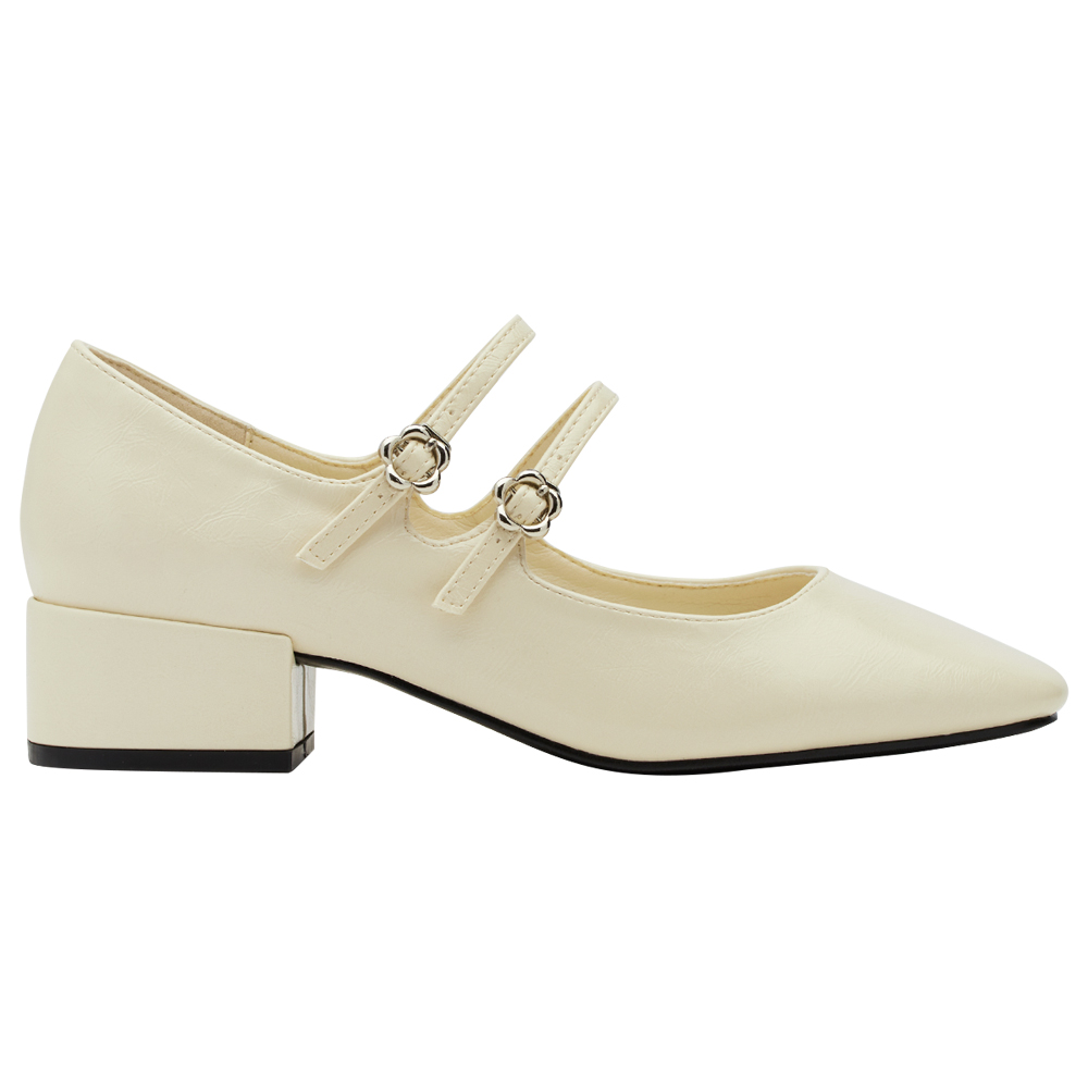 GraceGift平價女鞋 時尚秀場 方圓頭 瑪黑穿搭小花扣環雙帶中跟瑪莉珍鞋 米白色