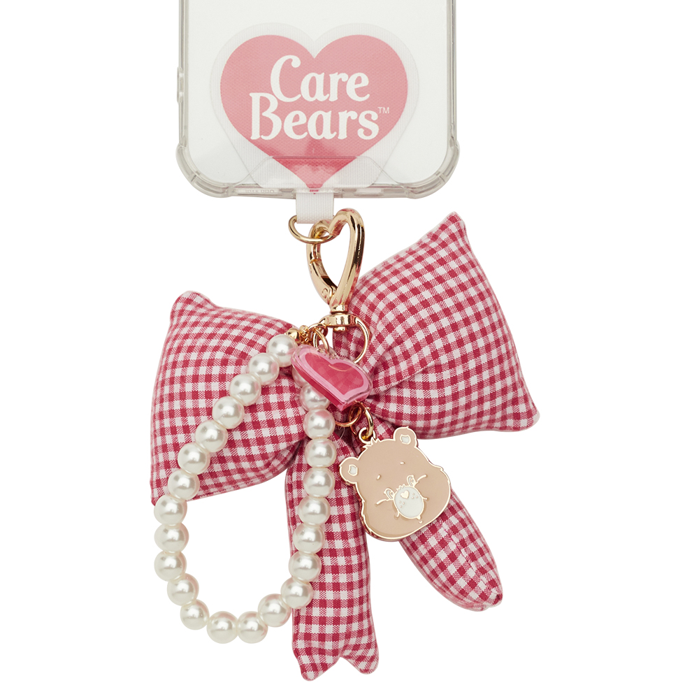 GraceGift CareBears聯名 分享小熊 Ribbon系列 格紋蝴蝶結珍珠手機鍊 紫