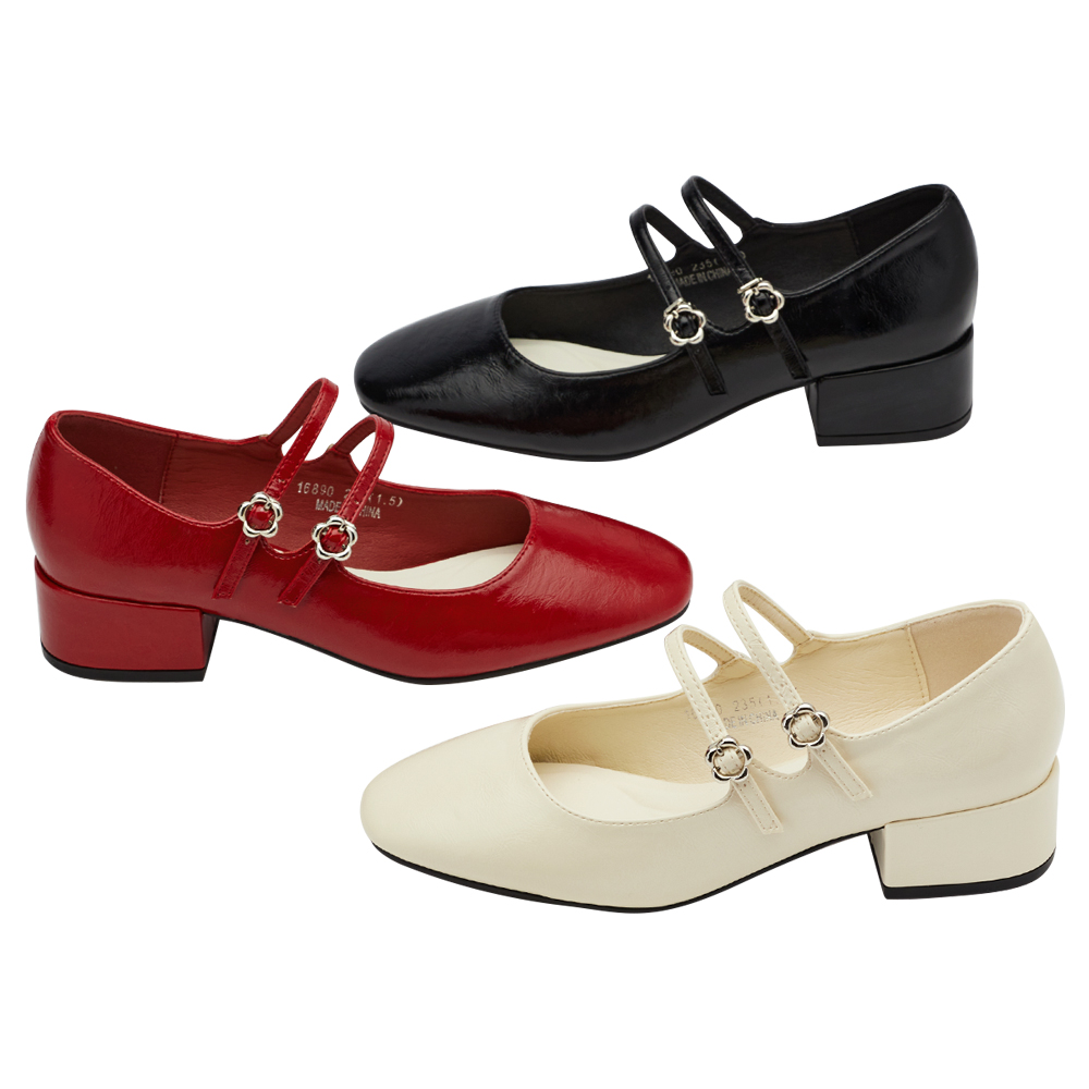 GraceGift平價女鞋 時尚秀場 方圓頭 瑪黑穿搭小花扣環雙帶中跟瑪莉珍鞋 黑色