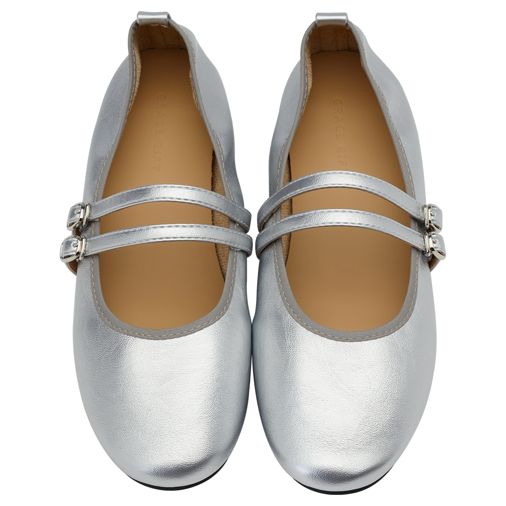 GraceGift平價女鞋 時尚秀場 圓頭 奶油雲朵極軟加厚乳膠芭蕾瑪莉珍鞋 銀色