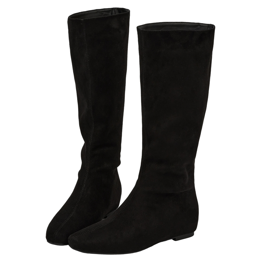 柔感美腿方頭絨布內增高堆堆長靴 黑