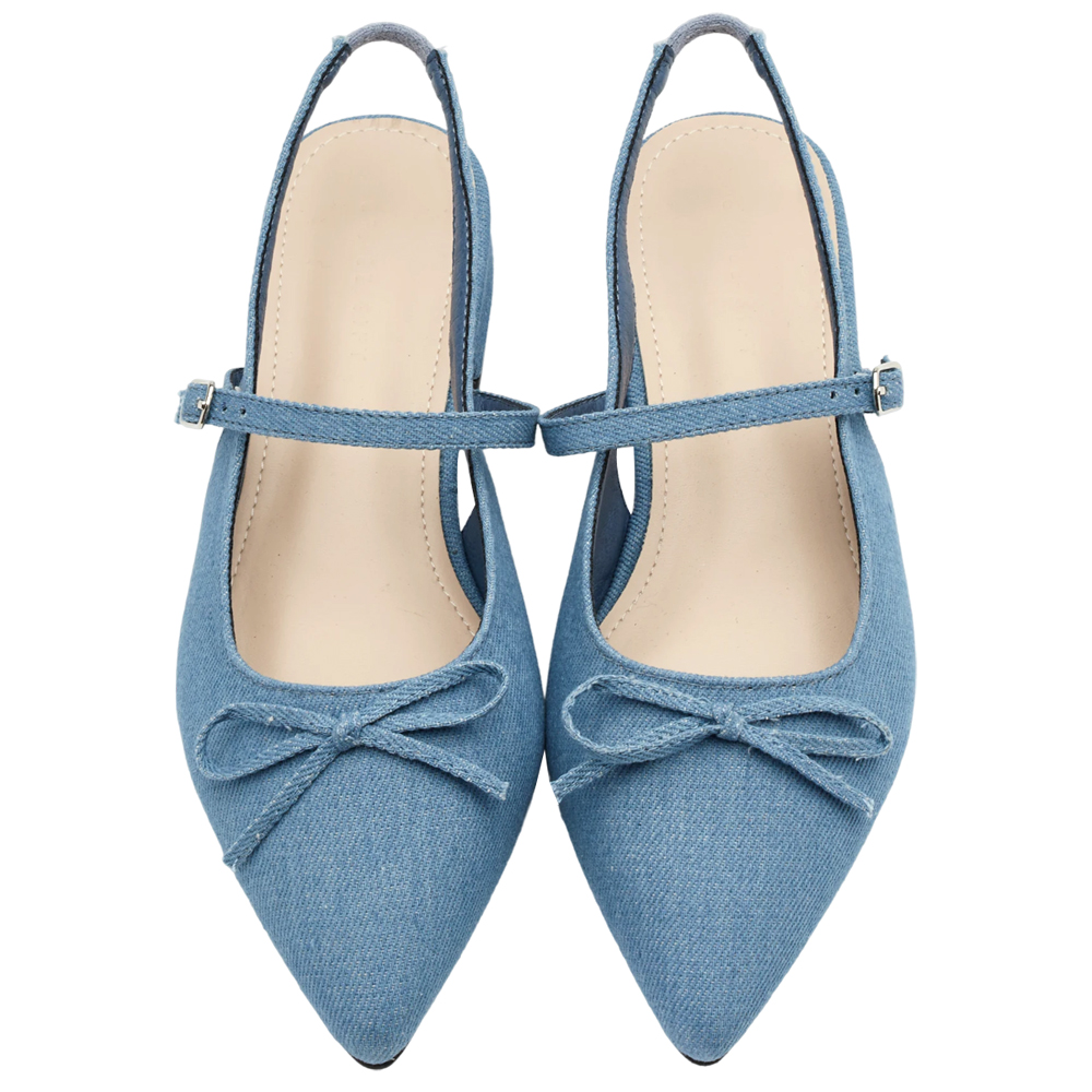 GraceGift 平價女鞋 法式尖頭 蝴蝶結後簍空芭蕾舞平底鞋 牛仔