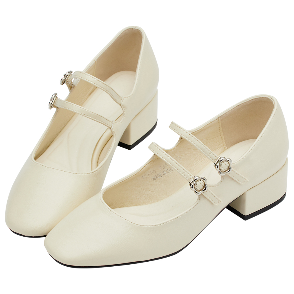 GraceGift平價女鞋 時尚秀場 方圓頭 瑪黑穿搭小花扣環雙帶中跟瑪莉珍鞋 米白色