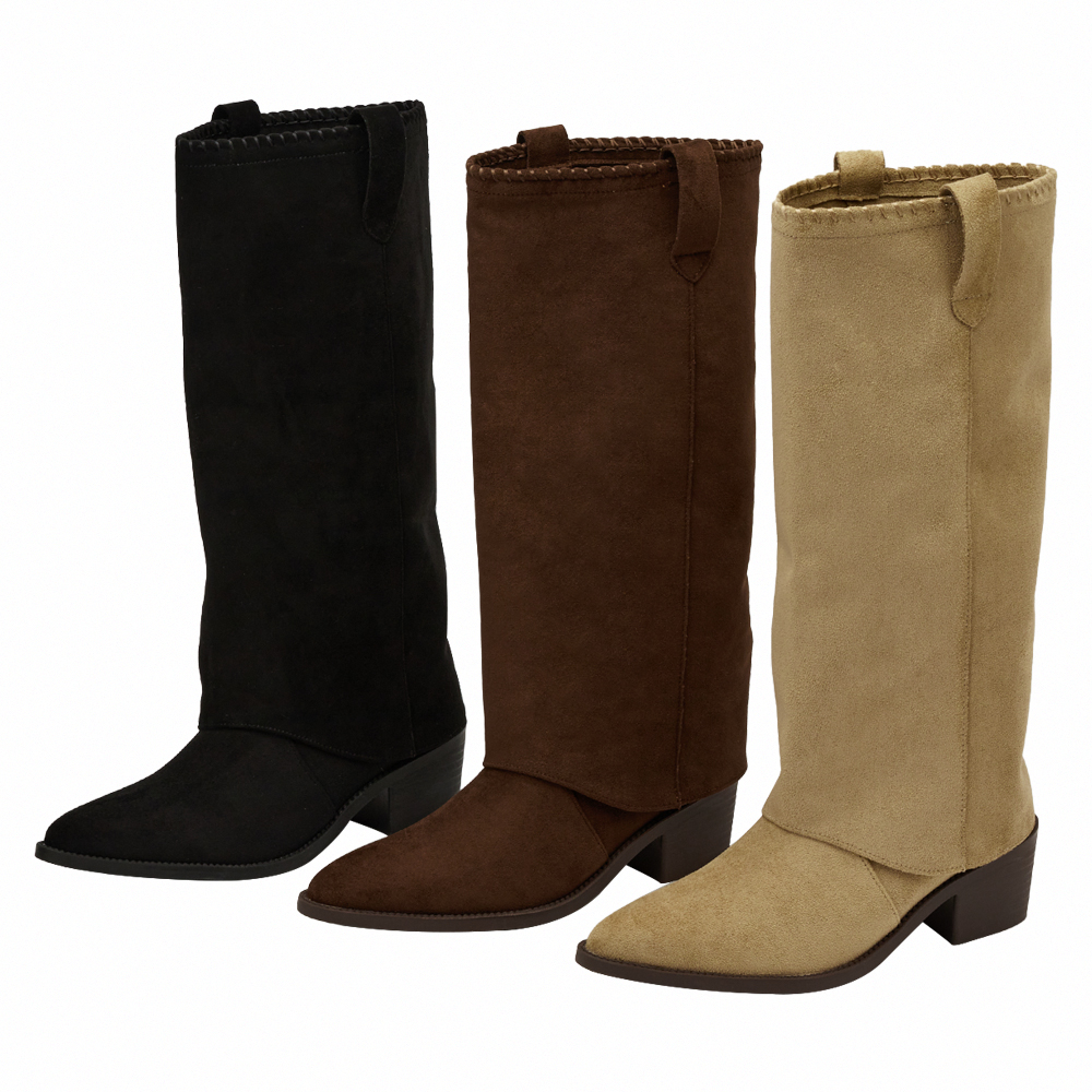 超模尖頭絨布2way可拆式褲管西部長靴 卡其