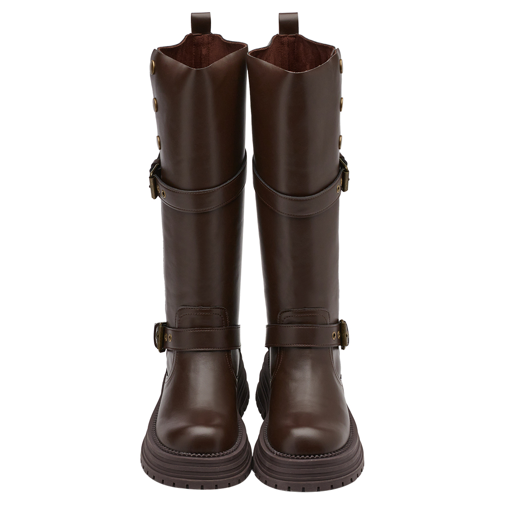 聖水街頭2WAY反折皮帶卯釘顯瘦長靴 咖