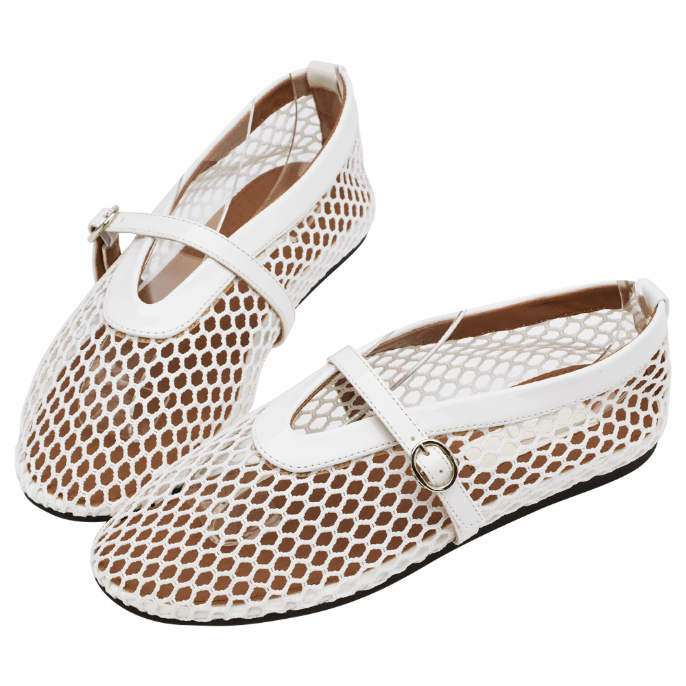 GraceGift 平價女鞋 個性網面 細閃芭蕾舞娃娃鞋 白色 平底娃娃鞋 實拍圖