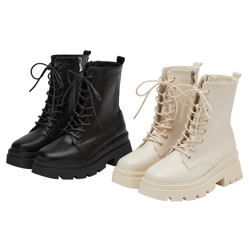 叛逆潮流方頭鬆糕厚底綁帶靴 黑