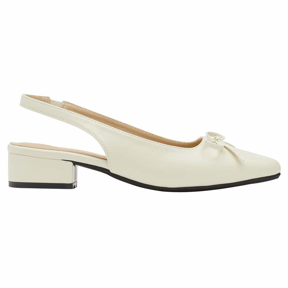 GraceGift平價女鞋 時尚秀場 方頭 韓系清新蝴蝶結後空跟鞋 米白色