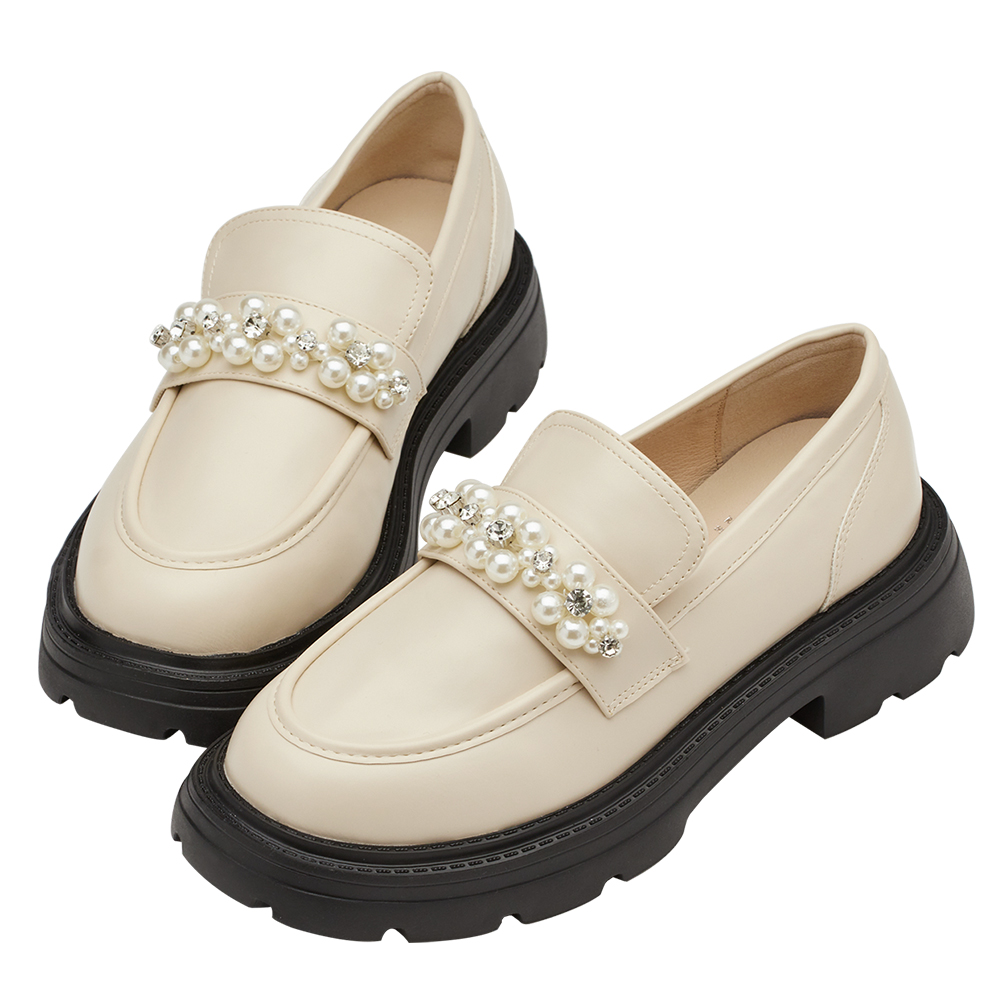 小貓聯名-奢耀珍珠水鑽輕量厚底樂福鞋 米白