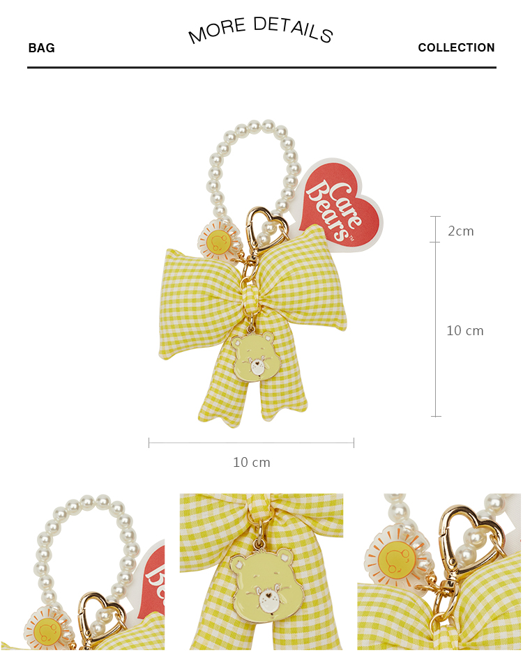 GraceGift CareBears聯名 幽默小熊 Ribbon系列 格紋蝴蝶結珍珠手機鍊 黃
