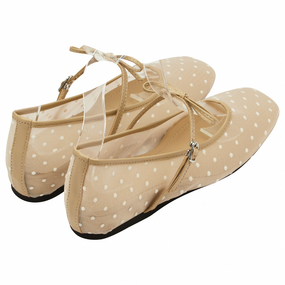 GraceGift平價女鞋 日系水玉 蝴蝶結網紗 內增高瑪莉珍鞋 卡其色