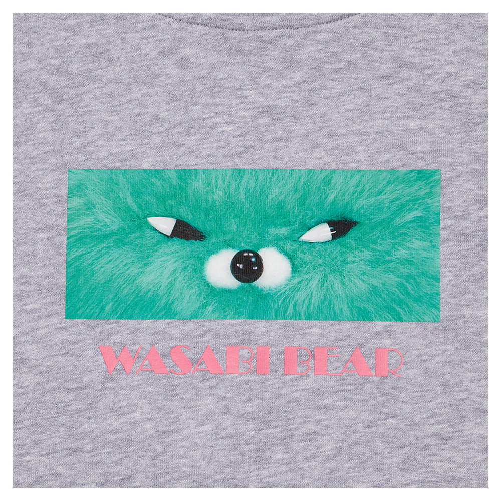 GraceGift Wasabi Bear聯名 芥末熊 小臉印花大學T 灰色 實拍圖