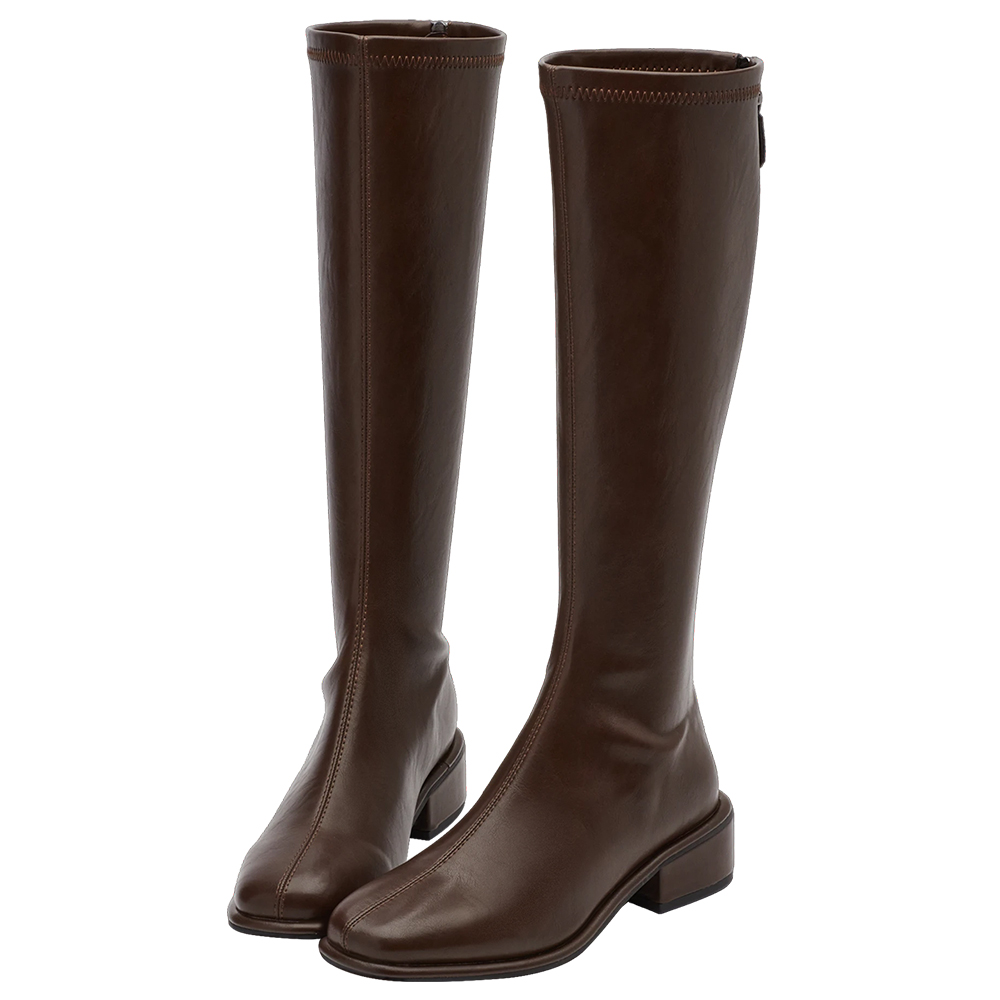 簡約達人後拉鍊中跟長靴 咖