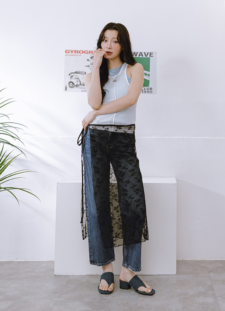 GraceGift 平價女鞋 時尚秀場 方頭 極簡美學柔感人字中跟拖鞋 牛仔