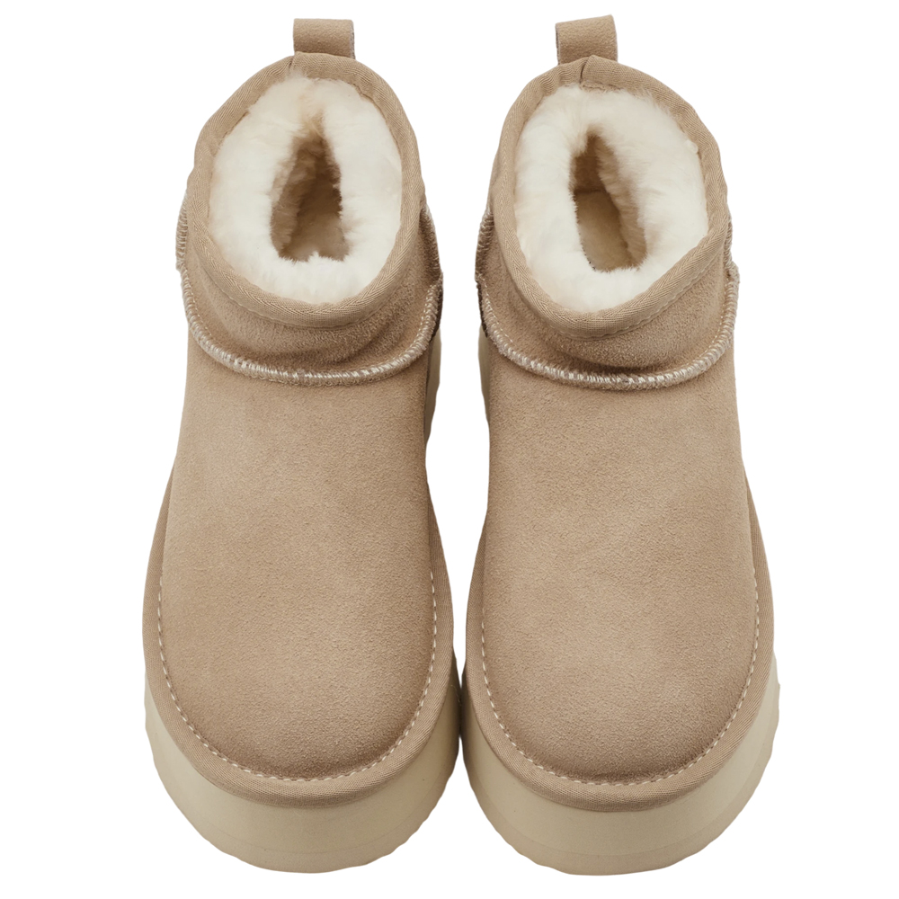 經典百搭牛麂皮羊毛短筒厚底雪靴 杏