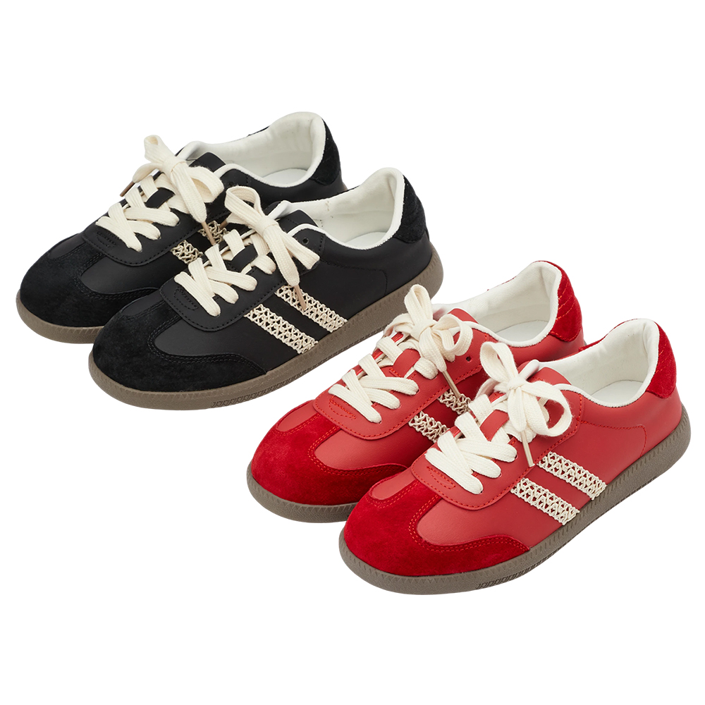 GraceGift 平價女鞋 復古摩登 真皮拼接薄底德訓鞋 附柔光紗帶 黑色 實品圖