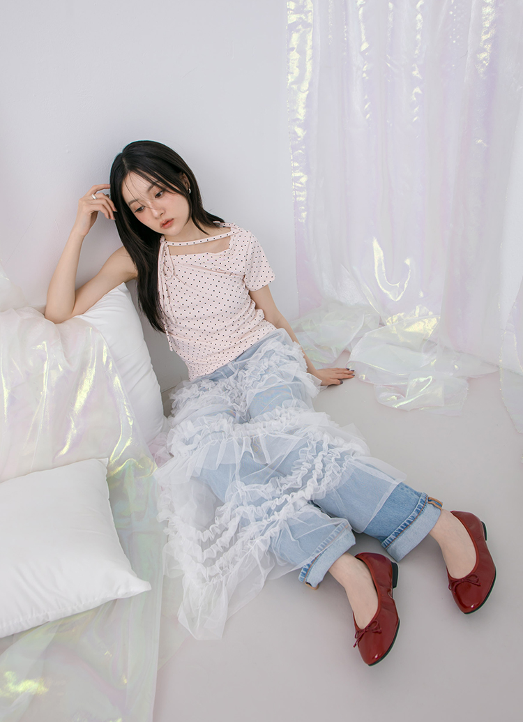 GraceGift平價女鞋 時尚秀場 圓頭 法式訂製全真皮鞋墊芭蕾平底娃娃鞋 酒紅漆色