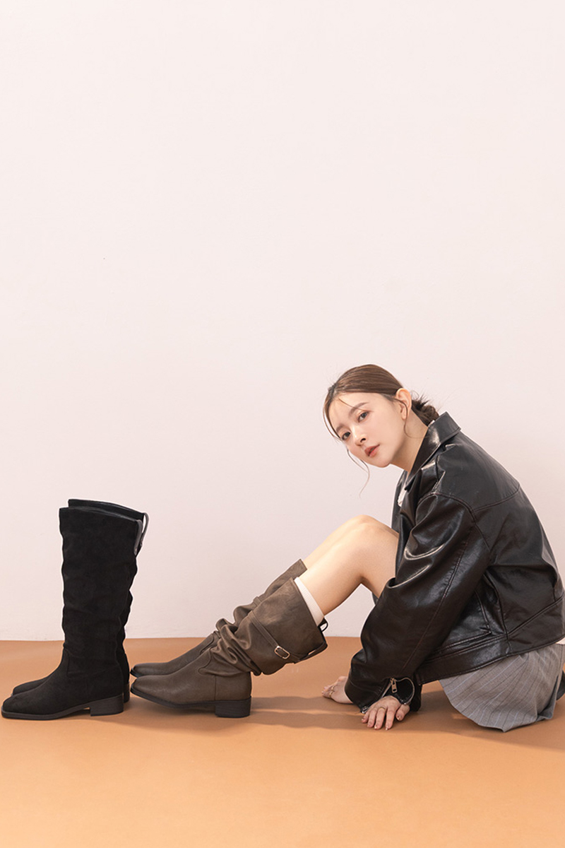 韓系層次方頭2way皮帶環堆堆機車長靴