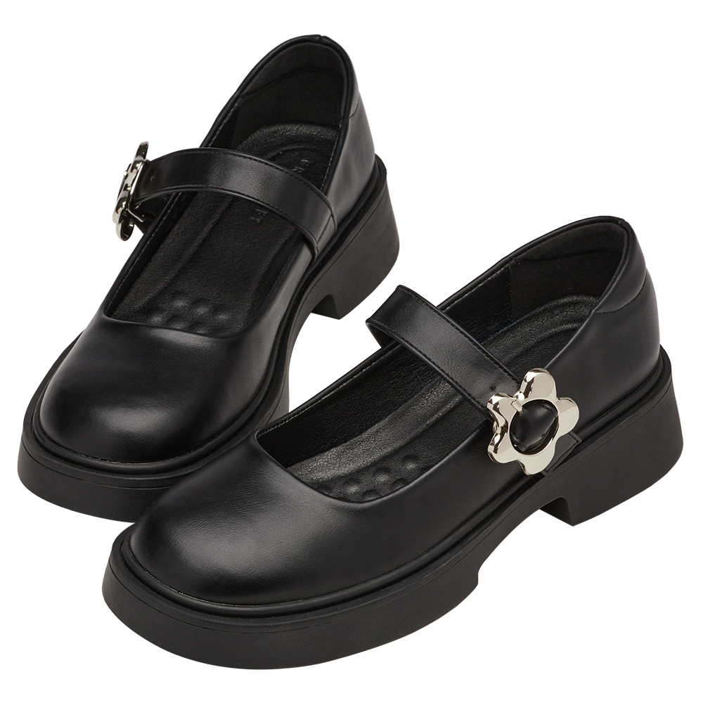 甜酷少女金屬小花扣輕量瑪莉珍鞋 黑