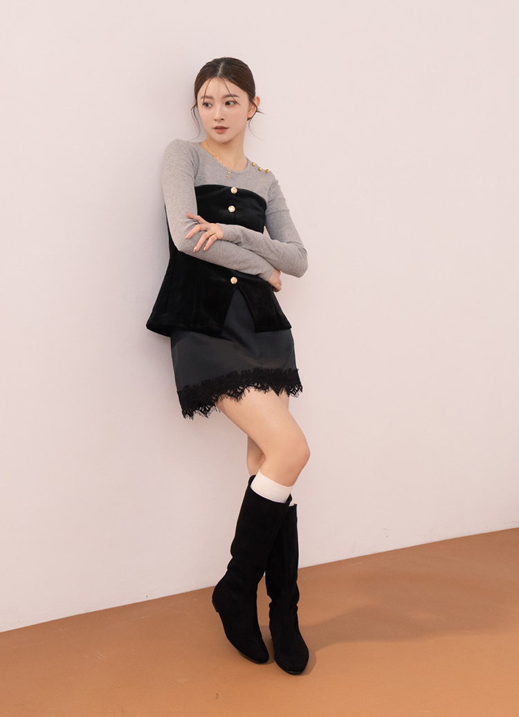 GraceGift平價女鞋 柔感美腿 方頭絨布內增高堆堆長靴 黑