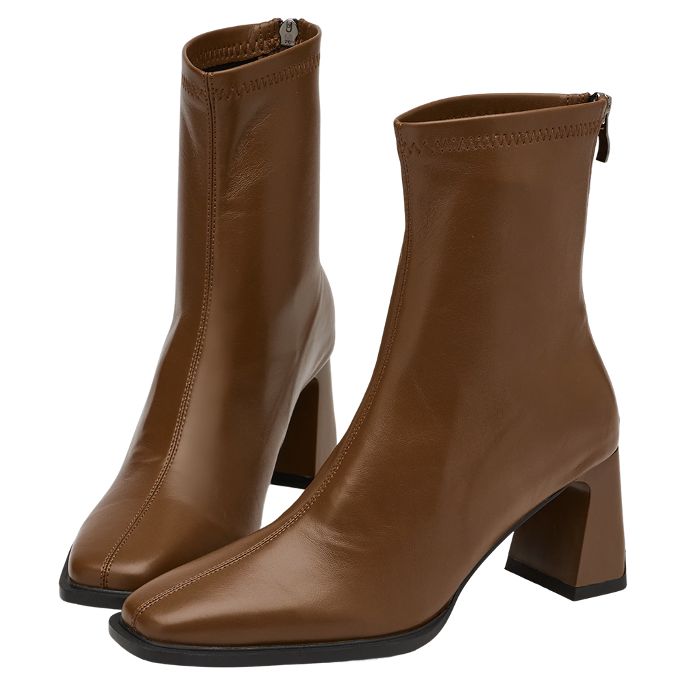 時髦歐膩方頭後拉鍊車線高跟襪靴 咖