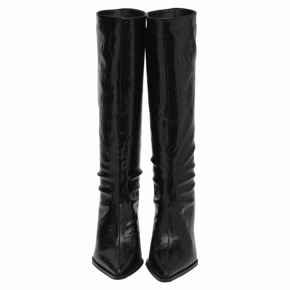 悅悅聯名-高級冷感漆皮尖頭細跟及膝長靴 黑