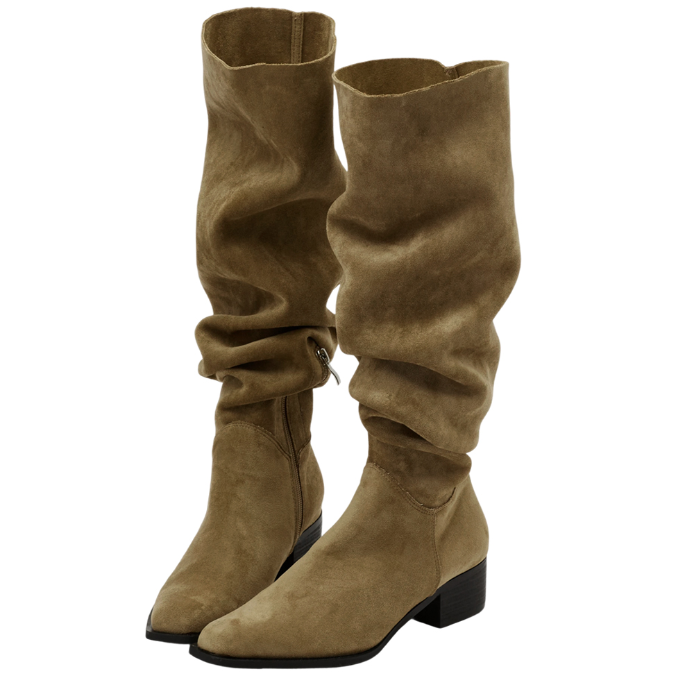 溫柔歐膩3way絨布過膝堆堆長靴 卡其