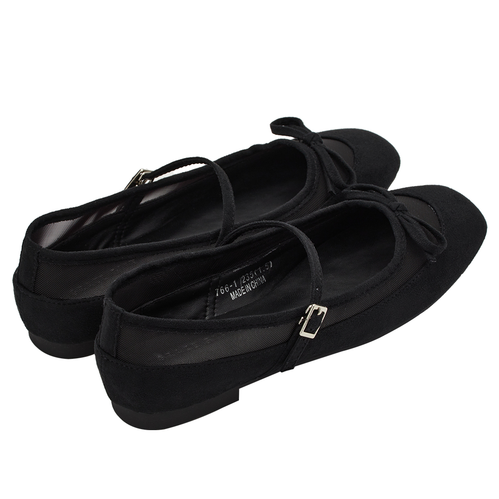 GraceGift平價女鞋 時尚秀場 方圓頭 復古芭比網紗拼接芭蕾平底瑪莉珍鞋  黑色