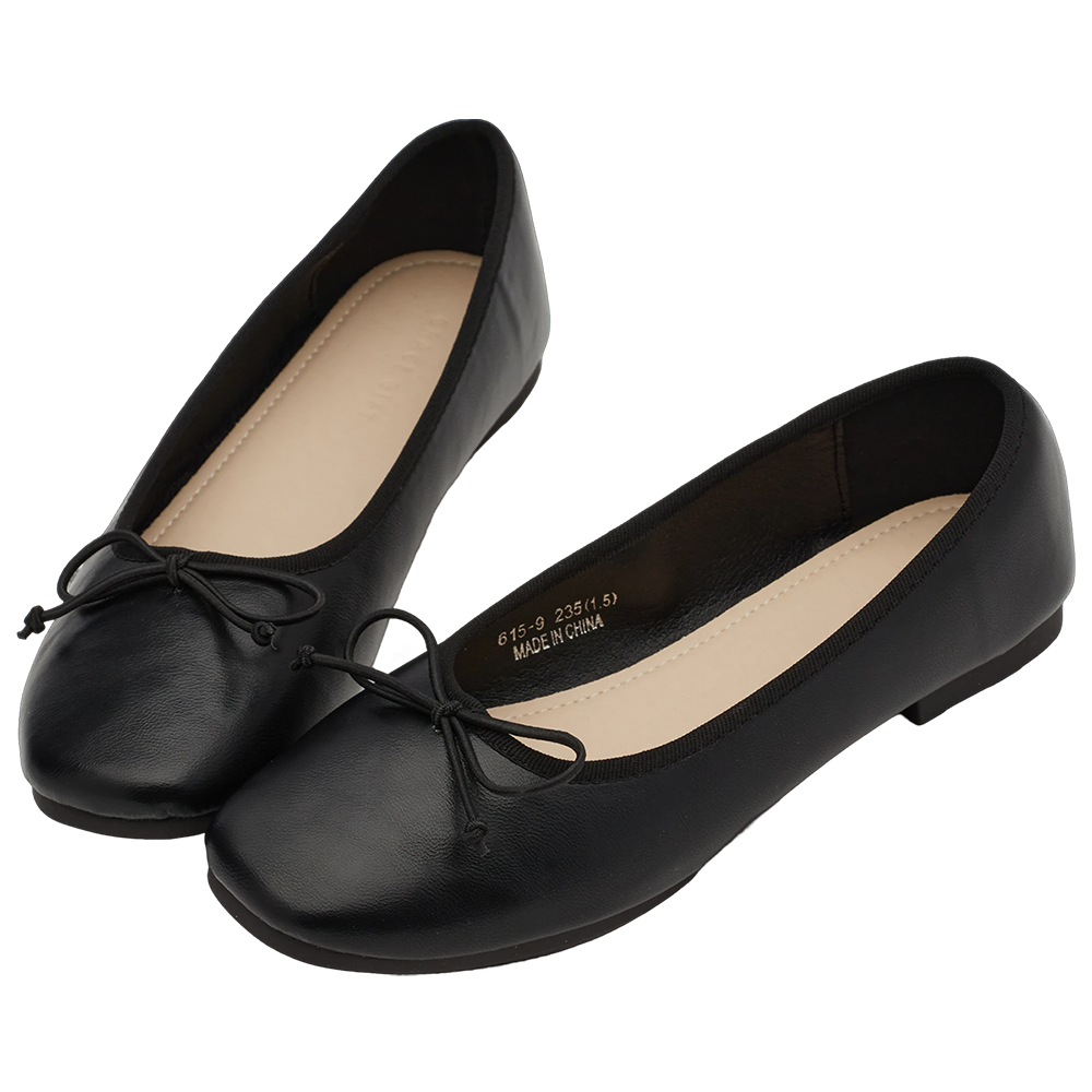 GraceGift平價女鞋 時尚秀場 方圓頭 法式經典蝴蝶結芭蕾舞平底娃娃鞋 黑色