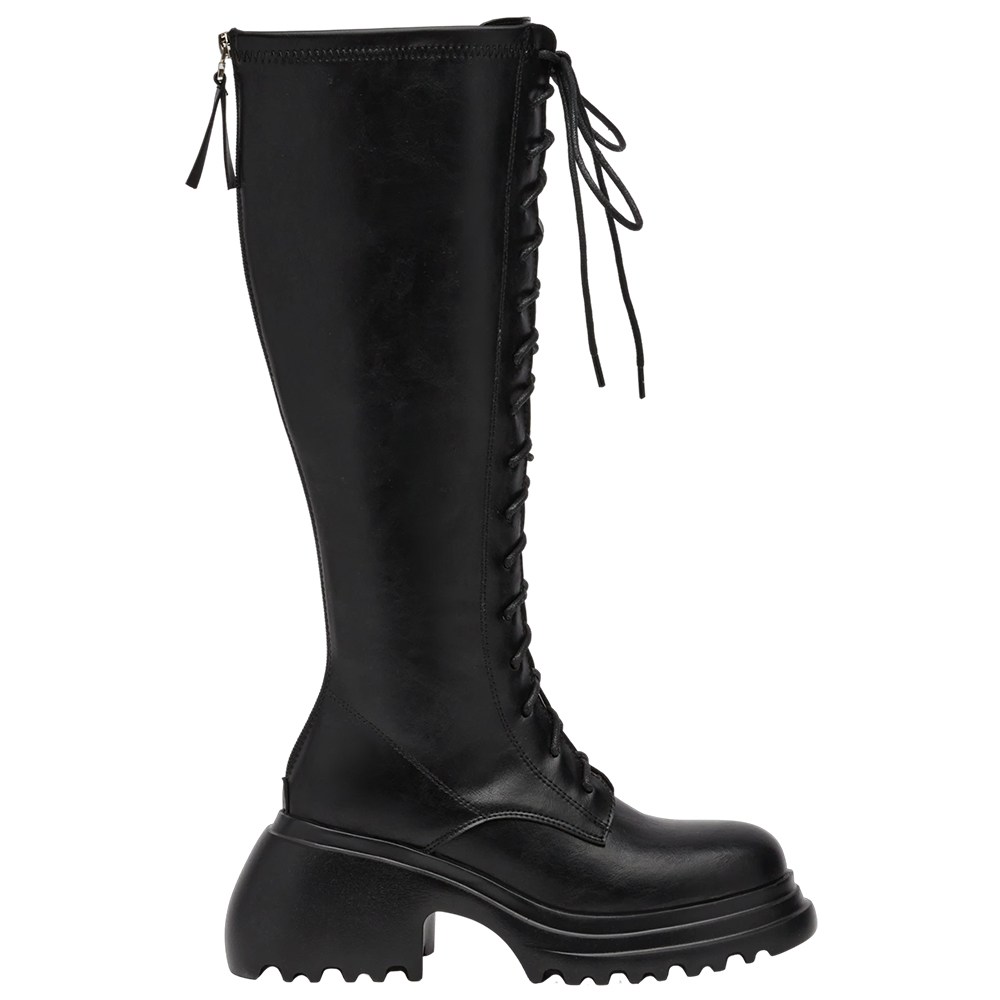 韓團必備圓頭輕量厚底綁帶長靴 黑