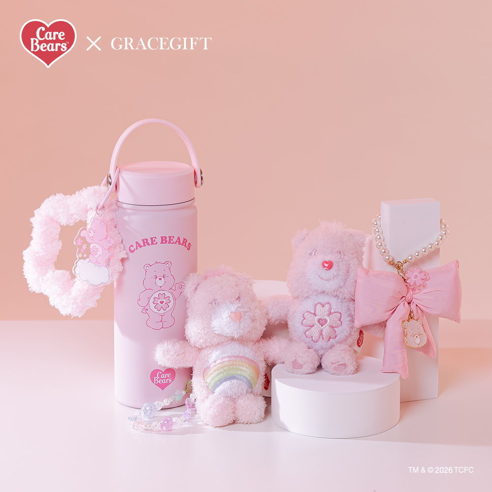 GraceGift CareBears聯名 櫻花熊 櫻花季限定 櫻花小熊蝴蝶結珍珠手機鍊 粉紅