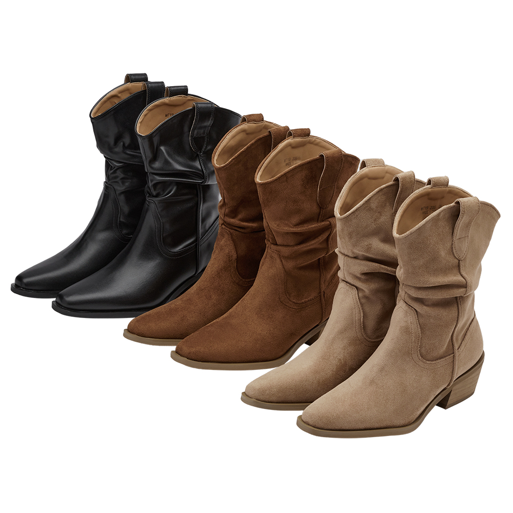 波希米亞尖頭V口皮革堆堆西部靴 黑