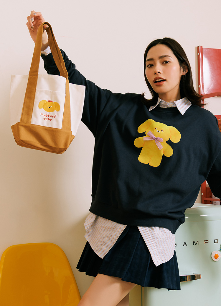 GraceGift Wasabi Bear聯名 黃芥末熊 撞色口袋肩背帆布包 咖色