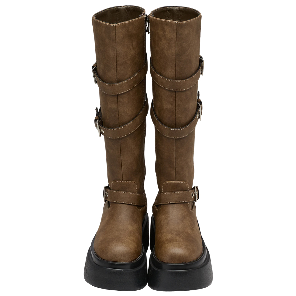 悅悅聯名-紐約街頭刷色扣環輕量厚底長靴 棕