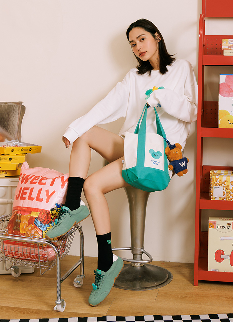 GraceGift Wasabi Bear聯名 芥末熊 撞色口袋肩背帆布包 藍綠色